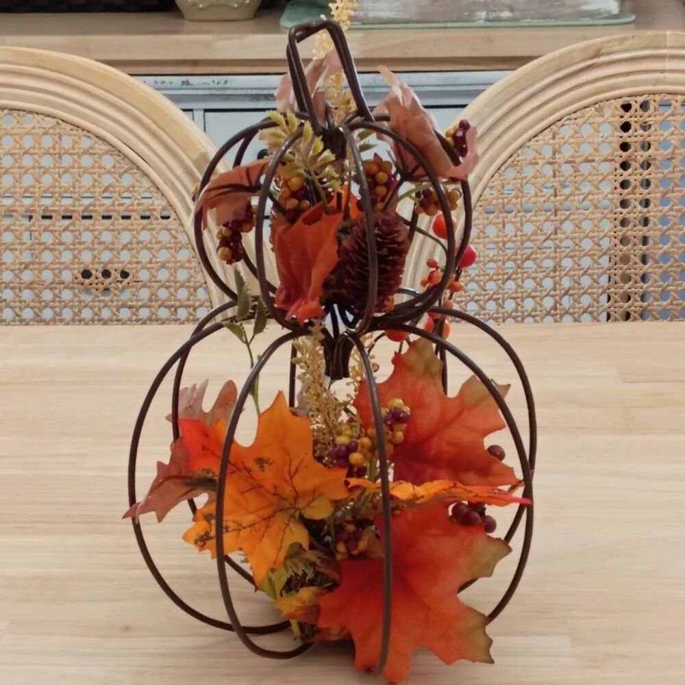 Metal Wire Pumpkin with Faux Floral Leaves Fall Harvest Decoration